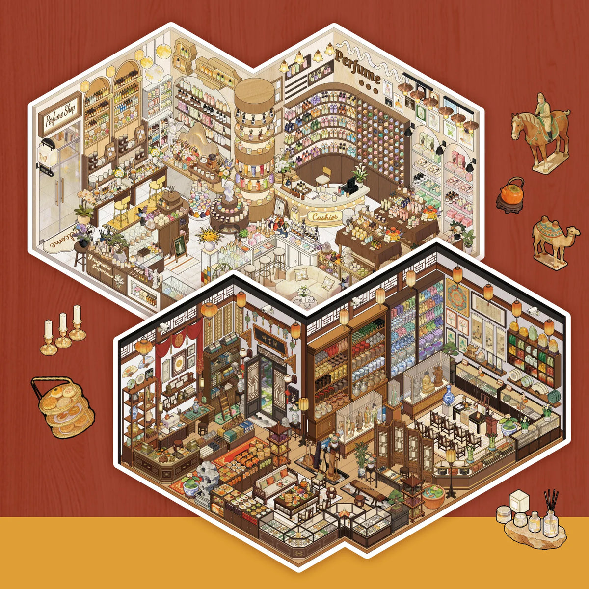 A set of 3D house scene stickers for scrapbooking and DIY crafts featuring detailed miniature buildings and landscapes.