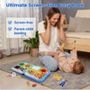 A mother is engaging with a colorful felt busy book and various small toys with her toddler on a rug.