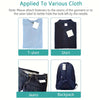 Mini sewing gun kit with needles and fasteners for quick fabric repairs shown on various clothing items.