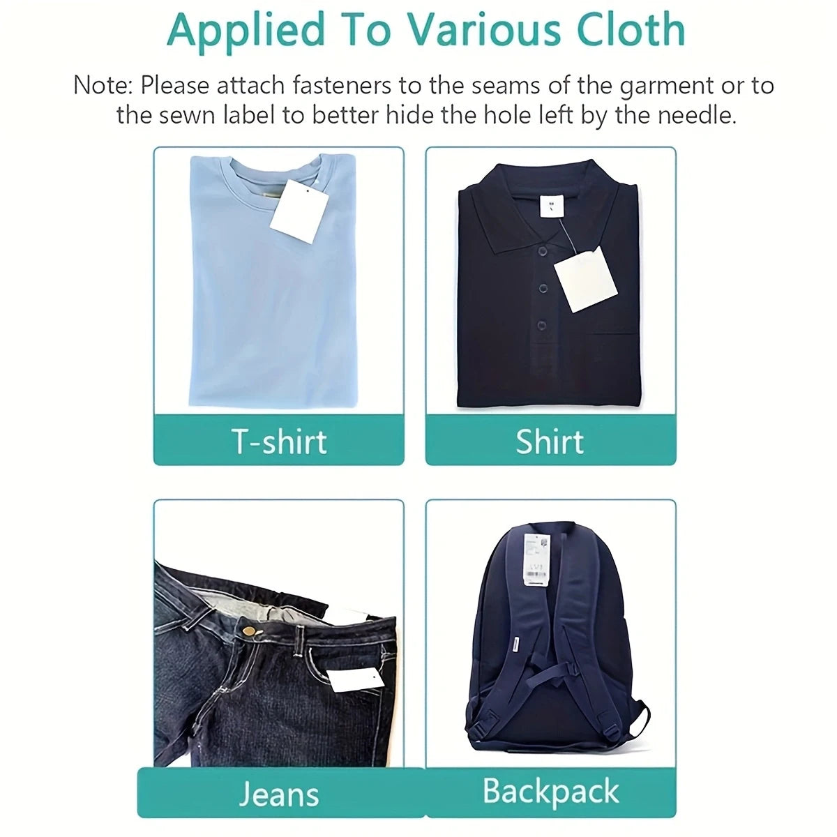 Mini sewing gun kit with needles and fasteners for quick fabric repairs shown on various clothing items.