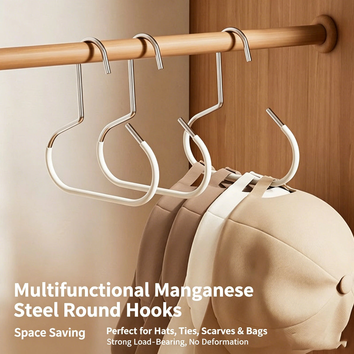 A set of multifunctional manganese steel round hooks hanging on a wooden rod, used for hats, ties, scarves, and bags.