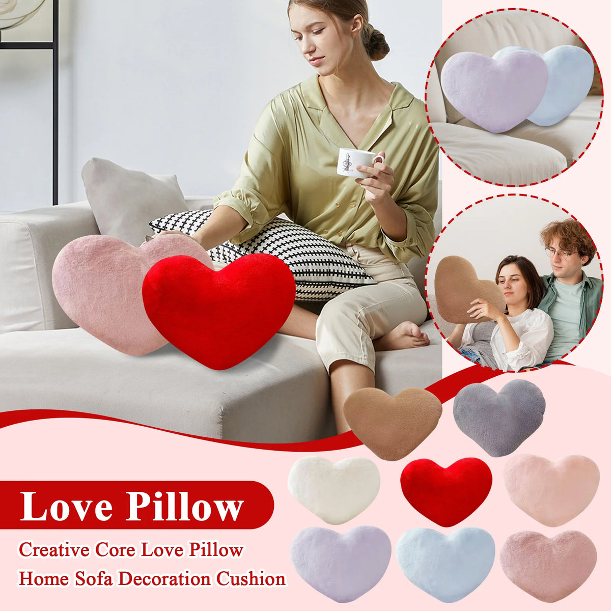 A set of heart-shaped plush pillows in pink, red, and blue colors displayed on a sofa.
