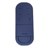 A dark blue cartoon baby stroller seat cushion with various molded features.