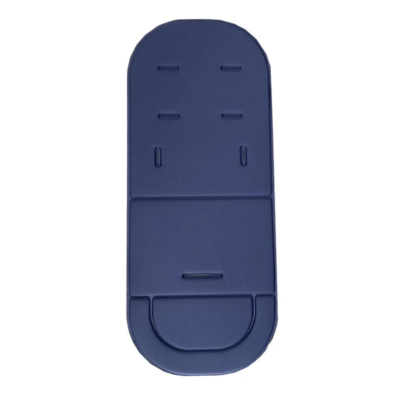 A dark blue cartoon baby stroller seat cushion with various molded features.