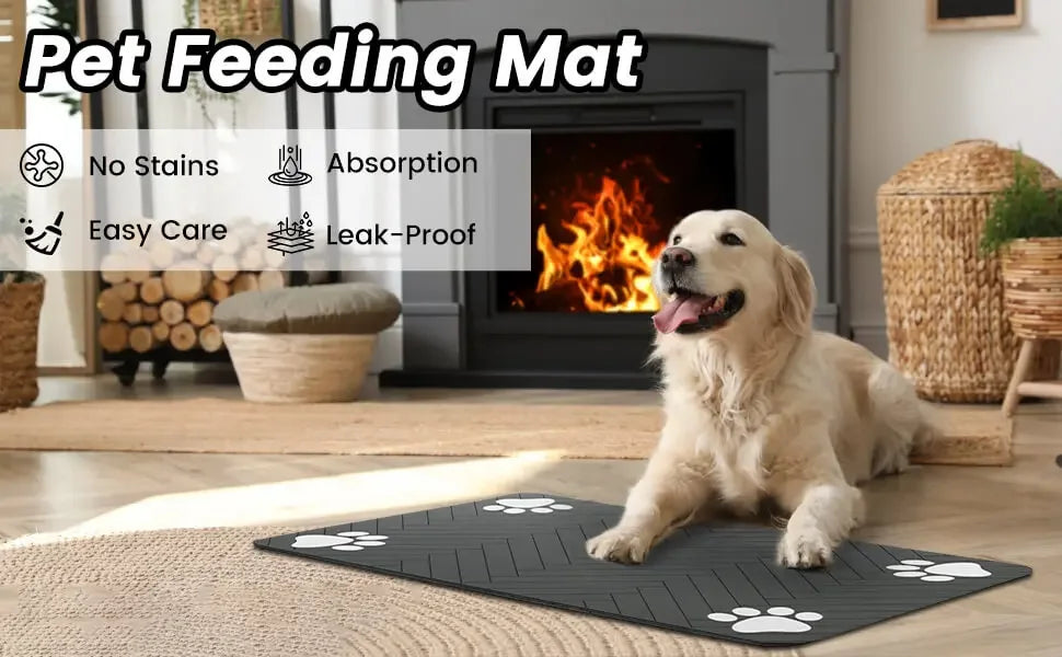 A golden retriever dog lies on a black pet feeding mat in a living room setting.