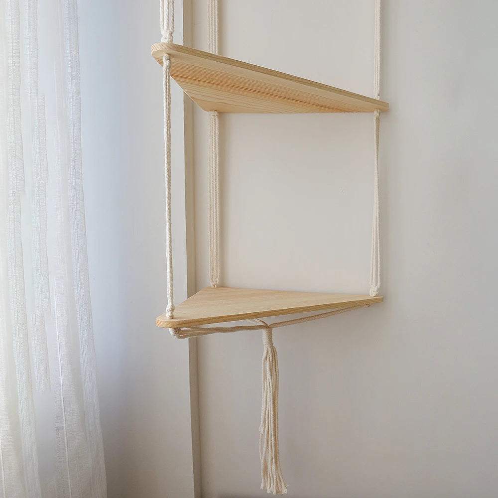 Triangle Wood Floating Wall Shelf with Macrame Rope