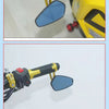 Close-up views of carbon fiber motorcycle handlebar mirrors with blue lenses mounted on an aluminum alloy stem.