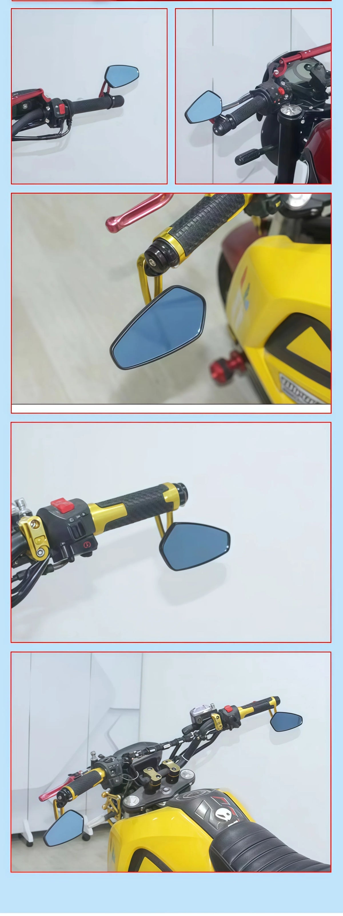 Close-up views of carbon fiber motorcycle handlebar mirrors with blue lenses mounted on an aluminum alloy stem.