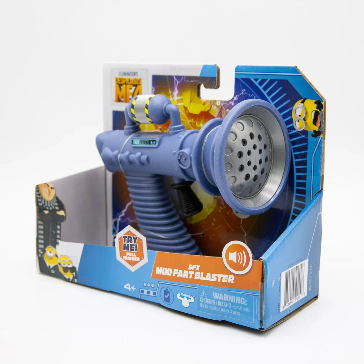 A Minions Despicable Me Mini Fart Blaster toy packaged in its box.