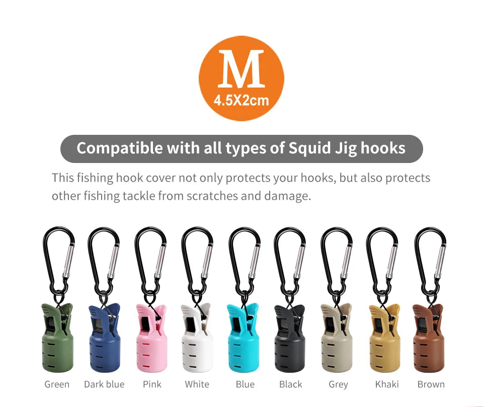 A set of silicone fishing hook covers in various colors including green, dark blue, pink, white, blue, black, grey, khaki, an