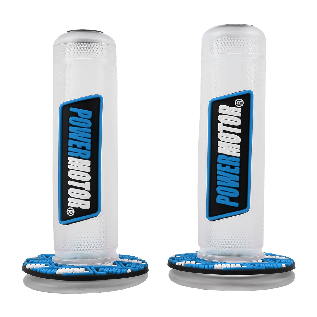 A pair of white motorcycle handlebar grips with blue accents and vibration dampening features.