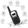 A black walkie talkie set with various features like auto power saver, one to many transmission, 1-5km range, key lock, flash