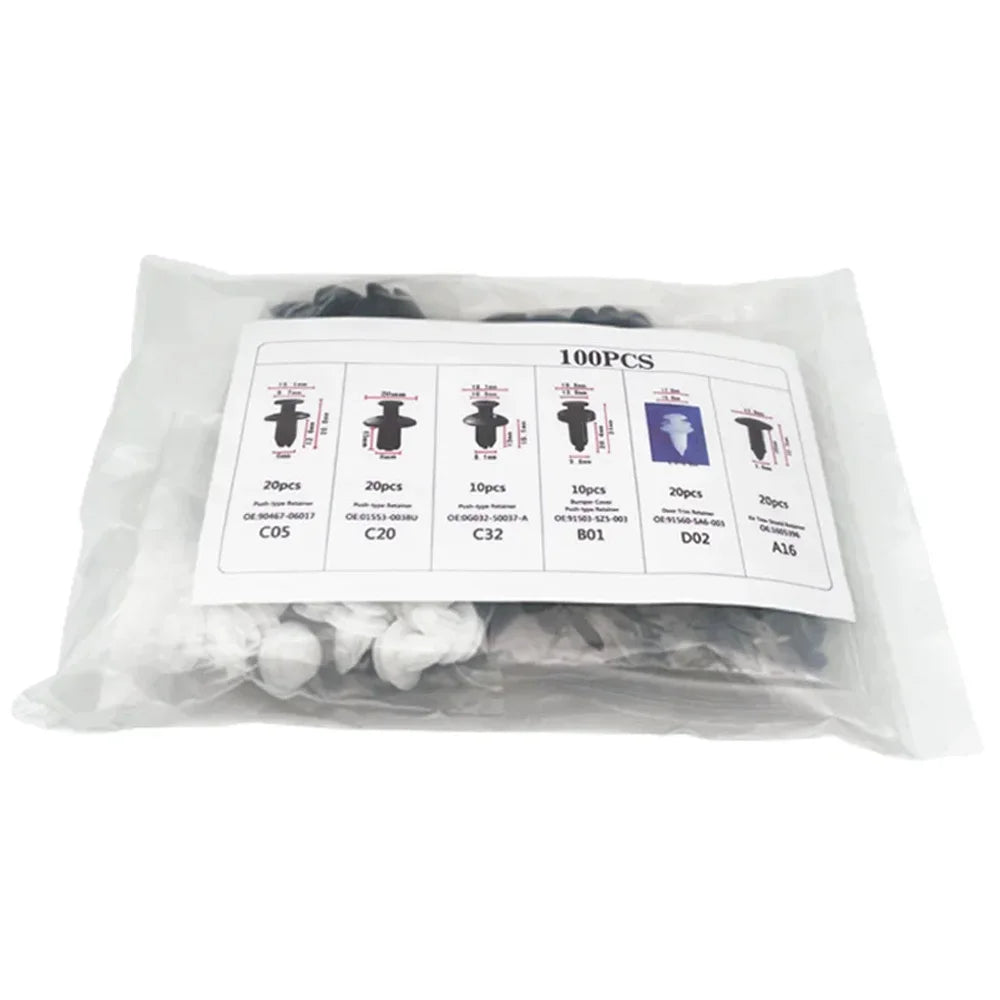 A clear plastic bag containing an assortment of 100 auto trim clips and a fastener remover tool.