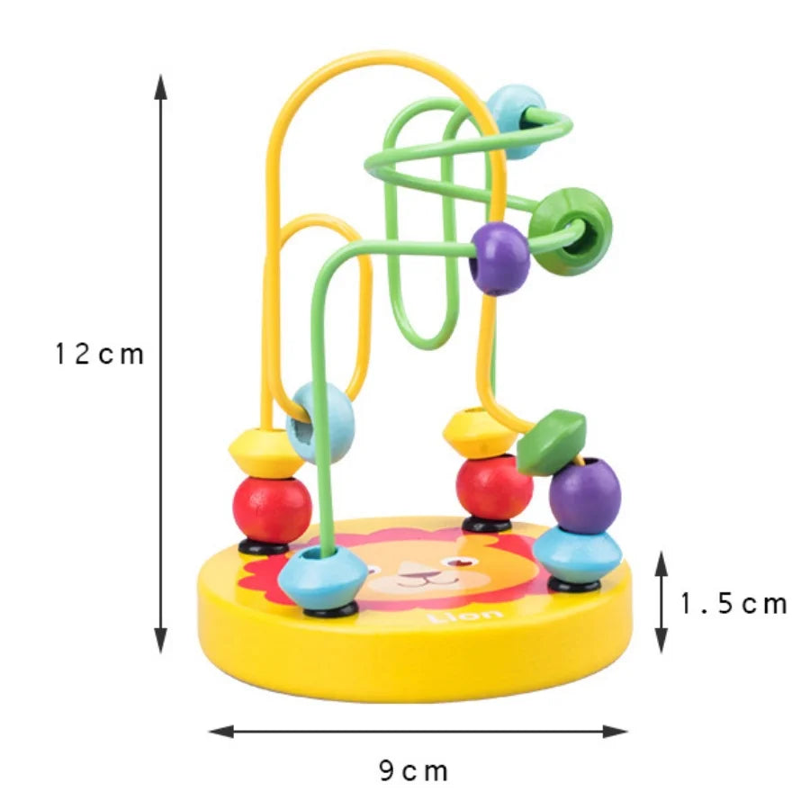 A wooden bead maze roller coaster toy featuring a lion face and an abacus counter.