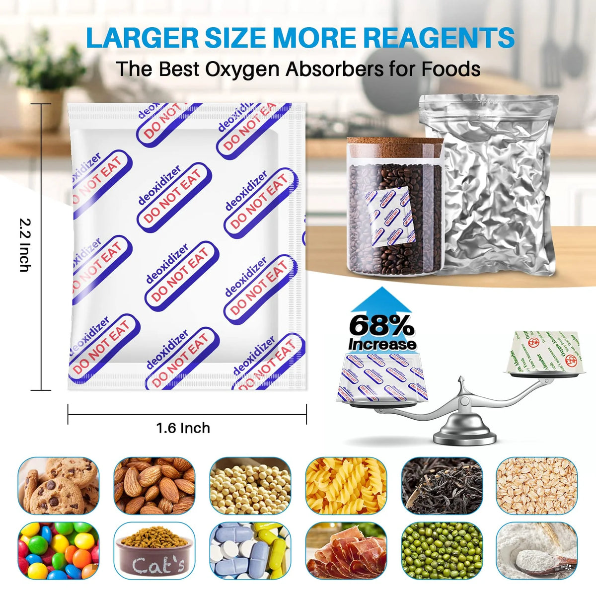 A variety of food grade oxygen absorbers are shown next to a large white packet, demonstrating their use for long-term dry fo