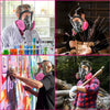 A collage showing people using full-face respirators in various contexts including laboratory work, art creation, and outdoor