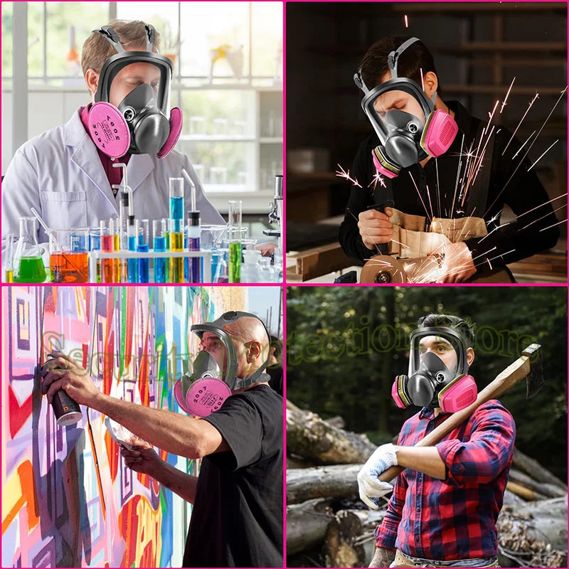 A collage showing people using full-face respirators in various contexts including laboratory work, art creation, and outdoor