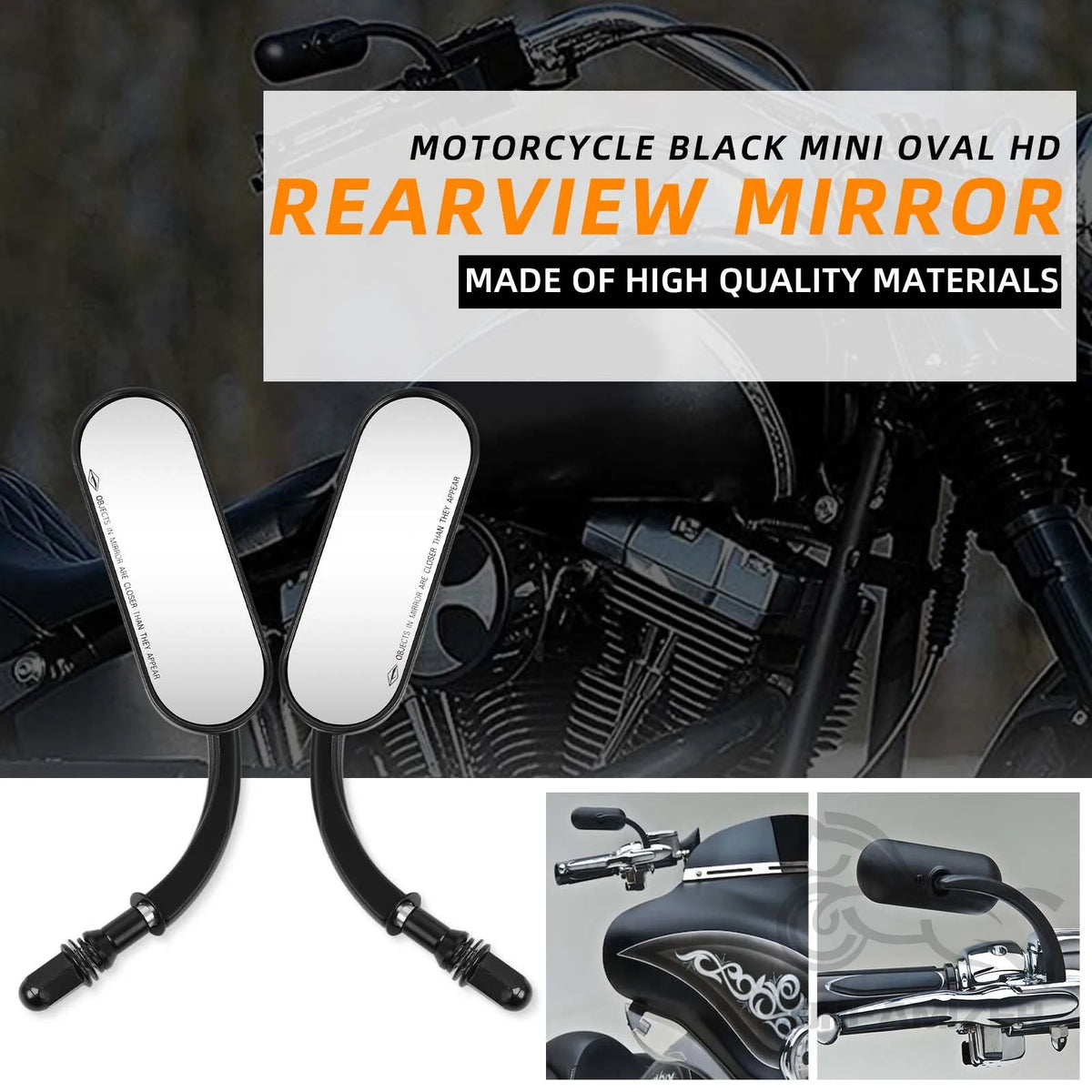 Black motorcycle rearview mirror with chrome finish shown in detail.
