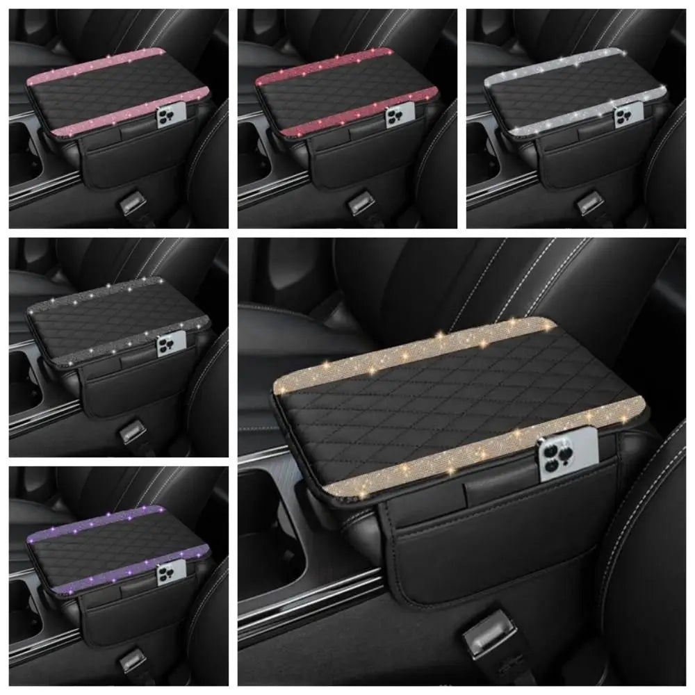 Black diamond quilted car armrest cover with storage featuring a textured pattern and decorative stitching.