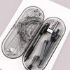 A clear plastic case holds an 8-piece geometry drafting set including a compass, ruler, and various drawing tools.