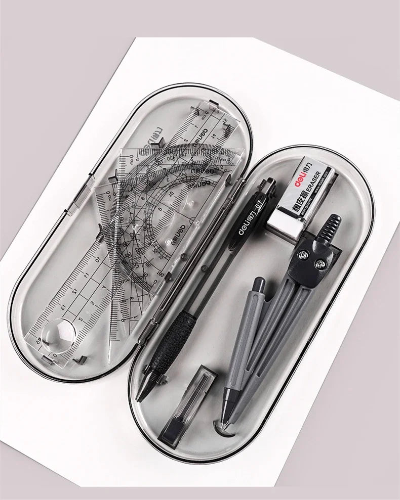A clear plastic case holds an 8-piece geometry drafting set including a compass, ruler, and various drawing tools.