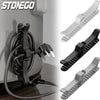 A black countertop cable organizer with an adhesive mount and various cable clips shown in different angles.