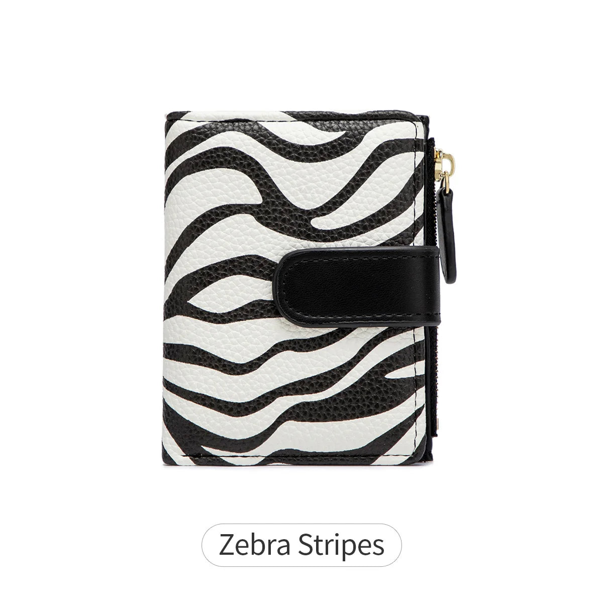 A black and white zebra stripes compact zippered wallet with a black flap.
