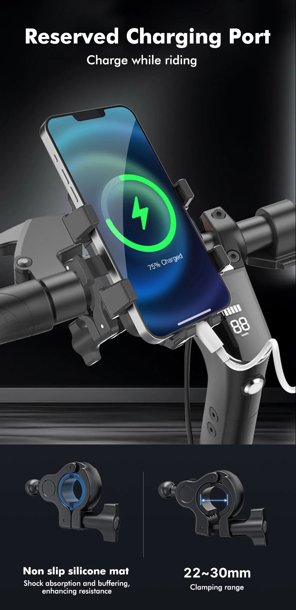 A smartphone is securely mounted on a bike handlebar using a reserved charging port mount for charging while riding.
