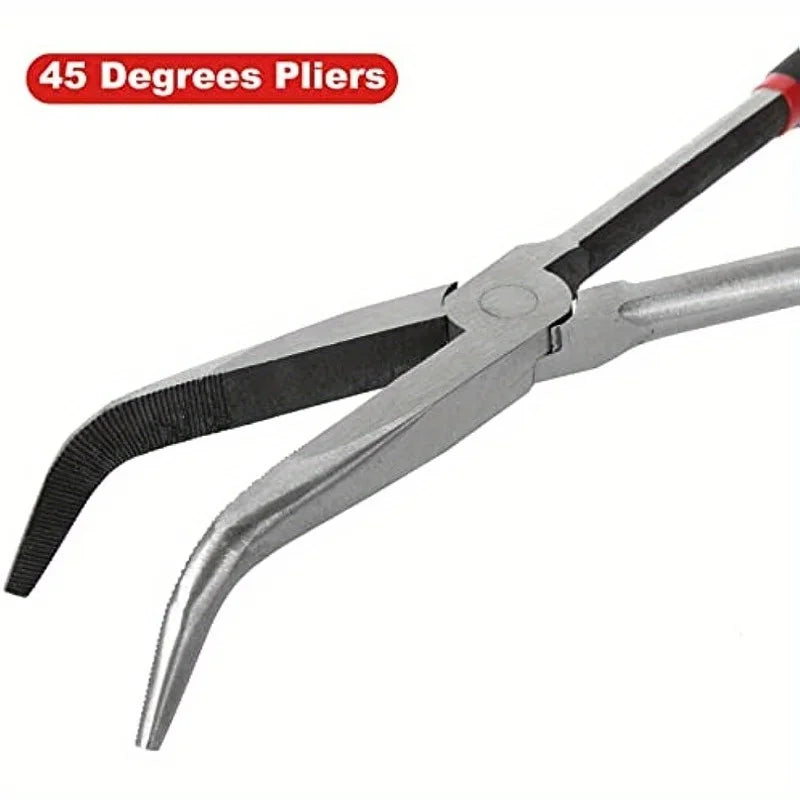 A pair of silver pliers with angled tips and long reach, labeled as 45 Degrees Pliers.