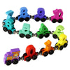 A set of magnetic wooden number train cars in various colors including blue, purple, green, and orange.