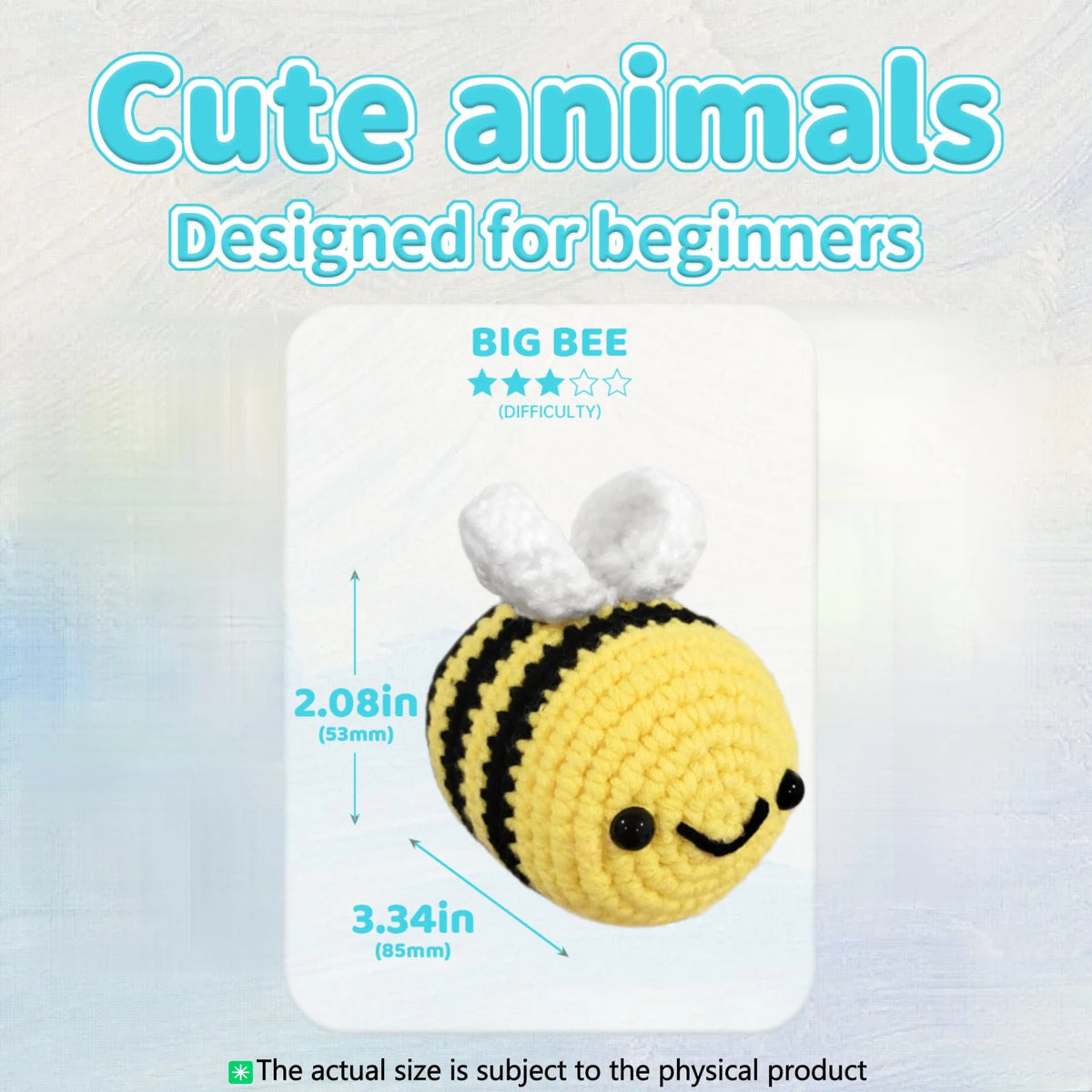A yellow big bee crochet project with black stripes and white fluff, shown on a white background.