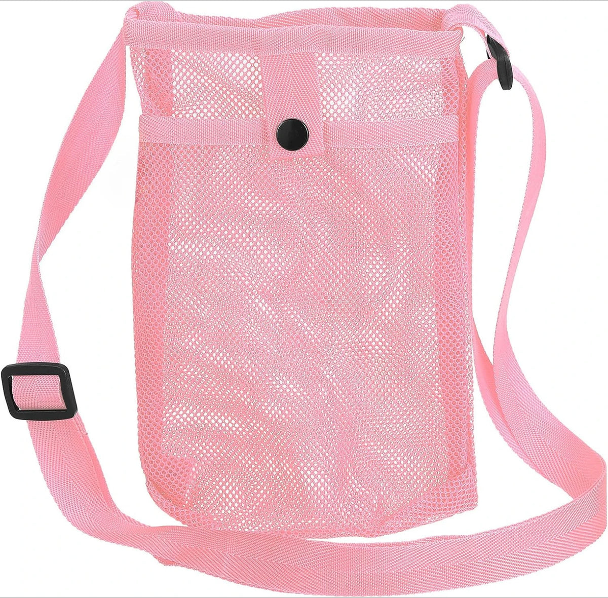 Pink breathable mesh crossbody water bottle carrier bag with adjustable straps