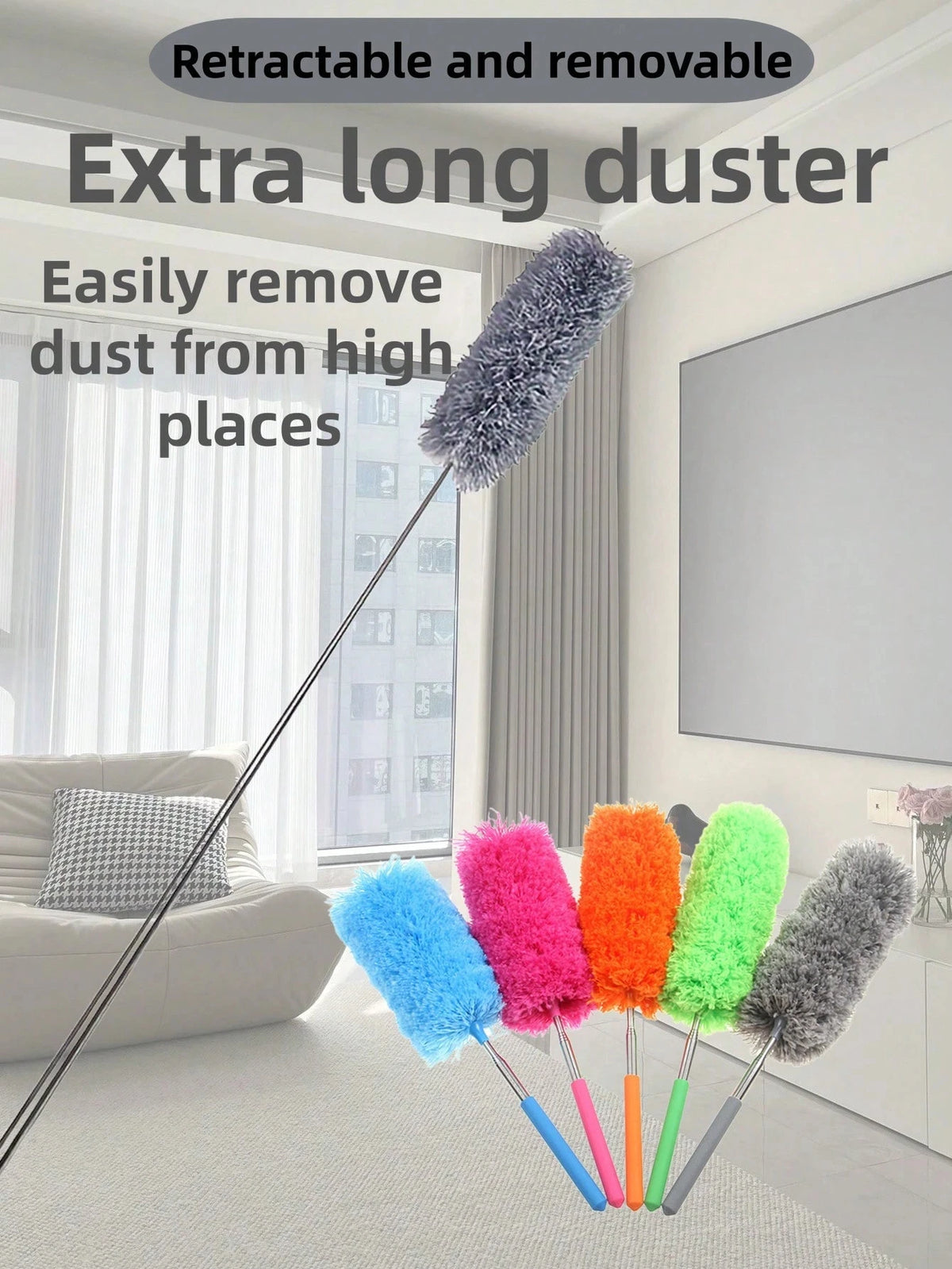 A set of retractable and removable extra long dusters in various colors including purple, pink, orange, and green, shown next