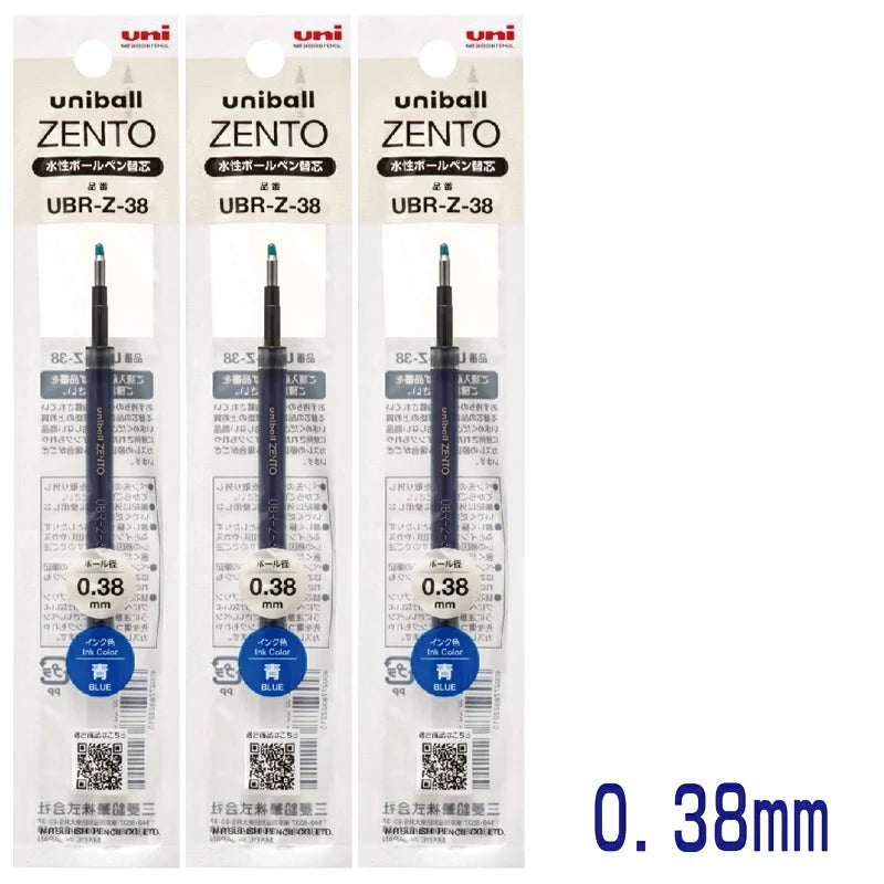 Three packs of Uni ZENTO quick-dry gel pens in blue and black ink.