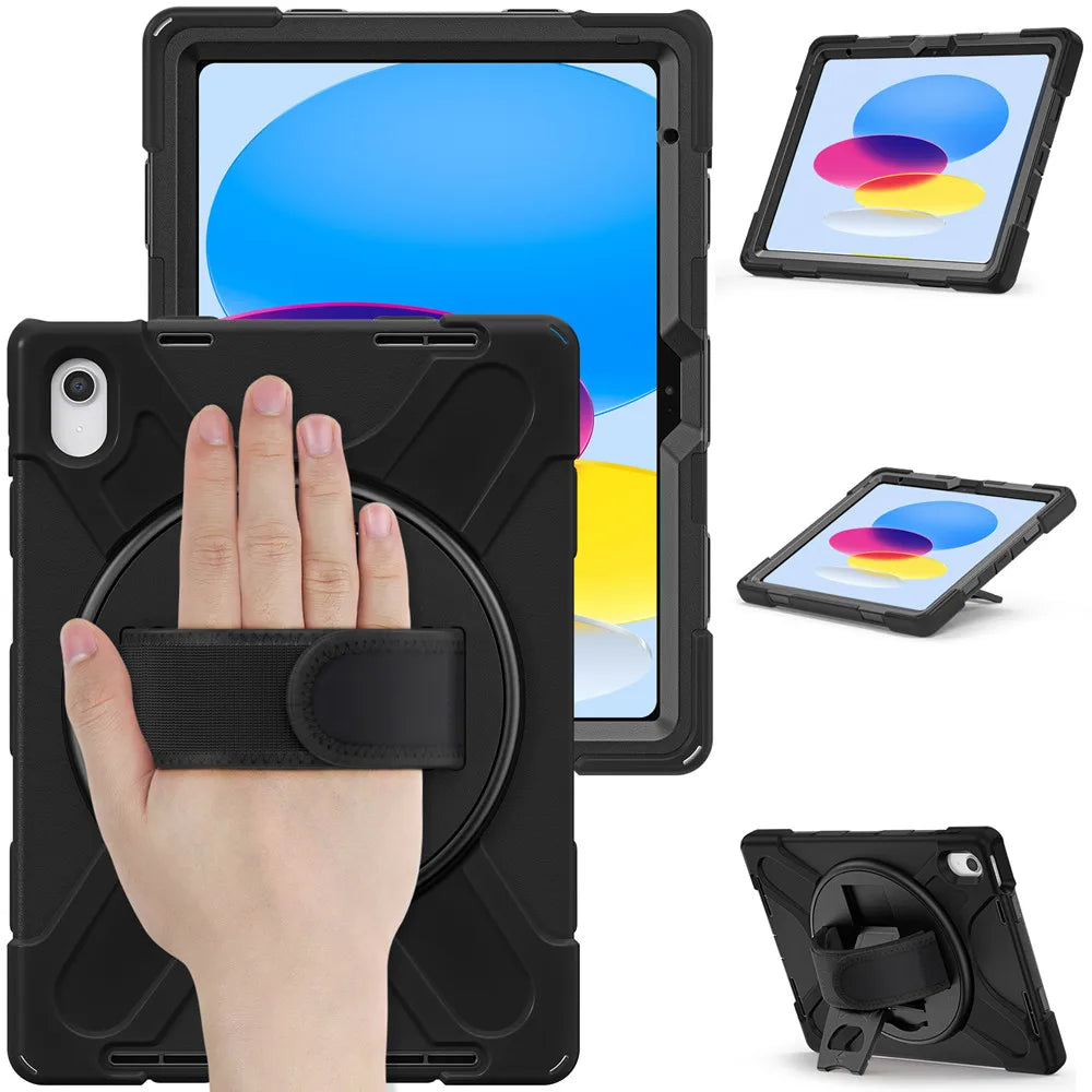 A black shockproof case with a stand for an iPad, showing various angles and components.