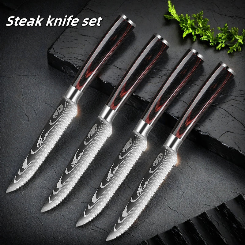 Ensemble de Couteaux à Steak Style Damas avec Manches en Bois