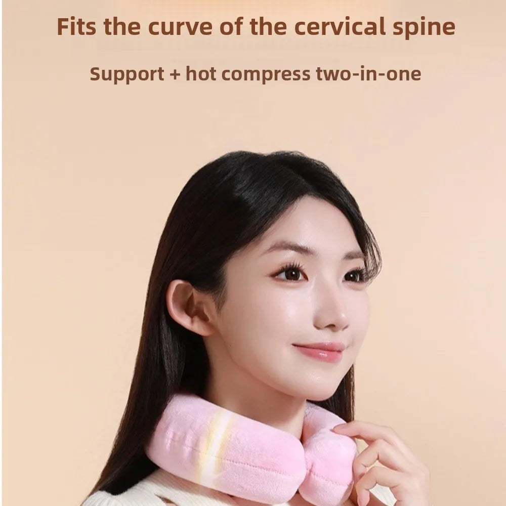 A woman is wearing a pink U-shaped neck wrap for support and hot compress.