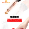 An orange soldering iron with a glass tip is shown next to a hand warning against touching the hot metal part.
