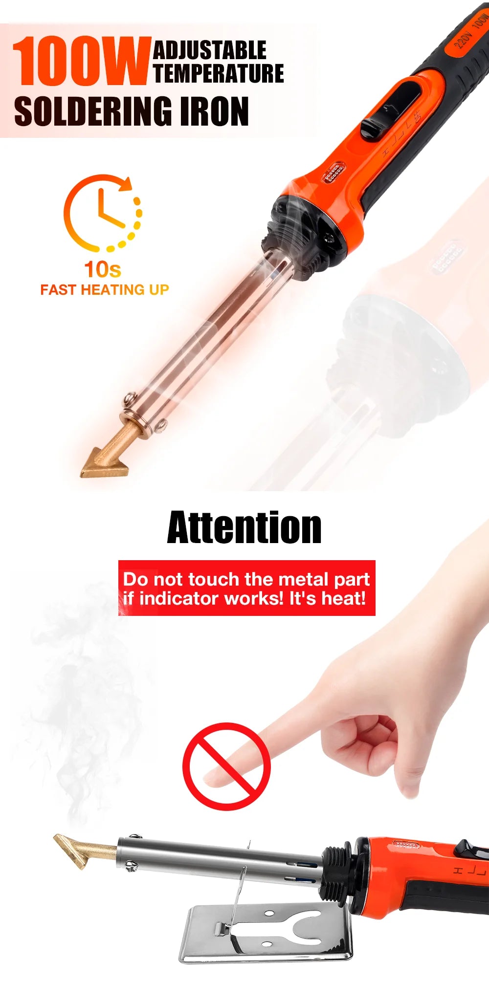 An orange soldering iron with a glass tip is shown next to a hand warning against touching the hot metal part.