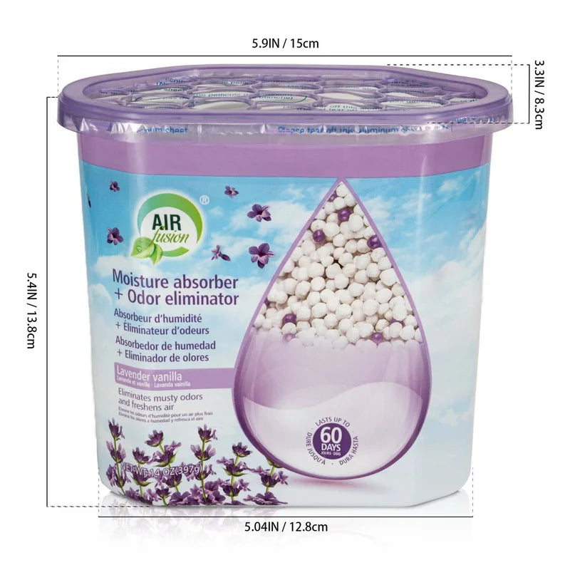 A purple reusable moisture absorber box filled with white pellets for odor elimination and humidity control.