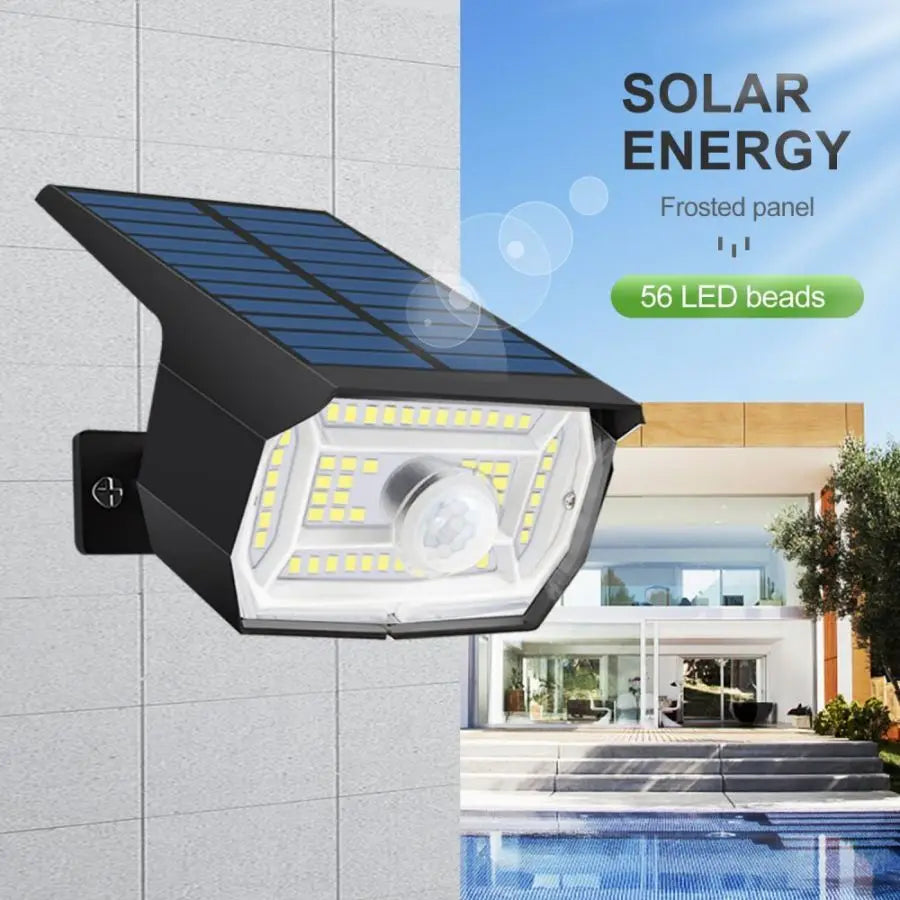 A black solar panel with a frosted LED light is mounted on a wall, illuminating an outdoor area.