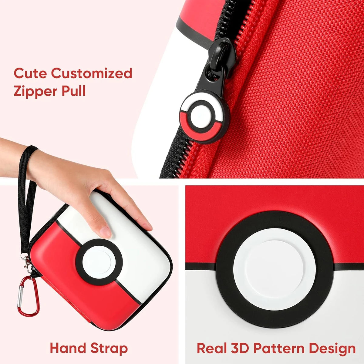 Red hard-shell trading card storage box with a cute customized zipper pull and hand strap