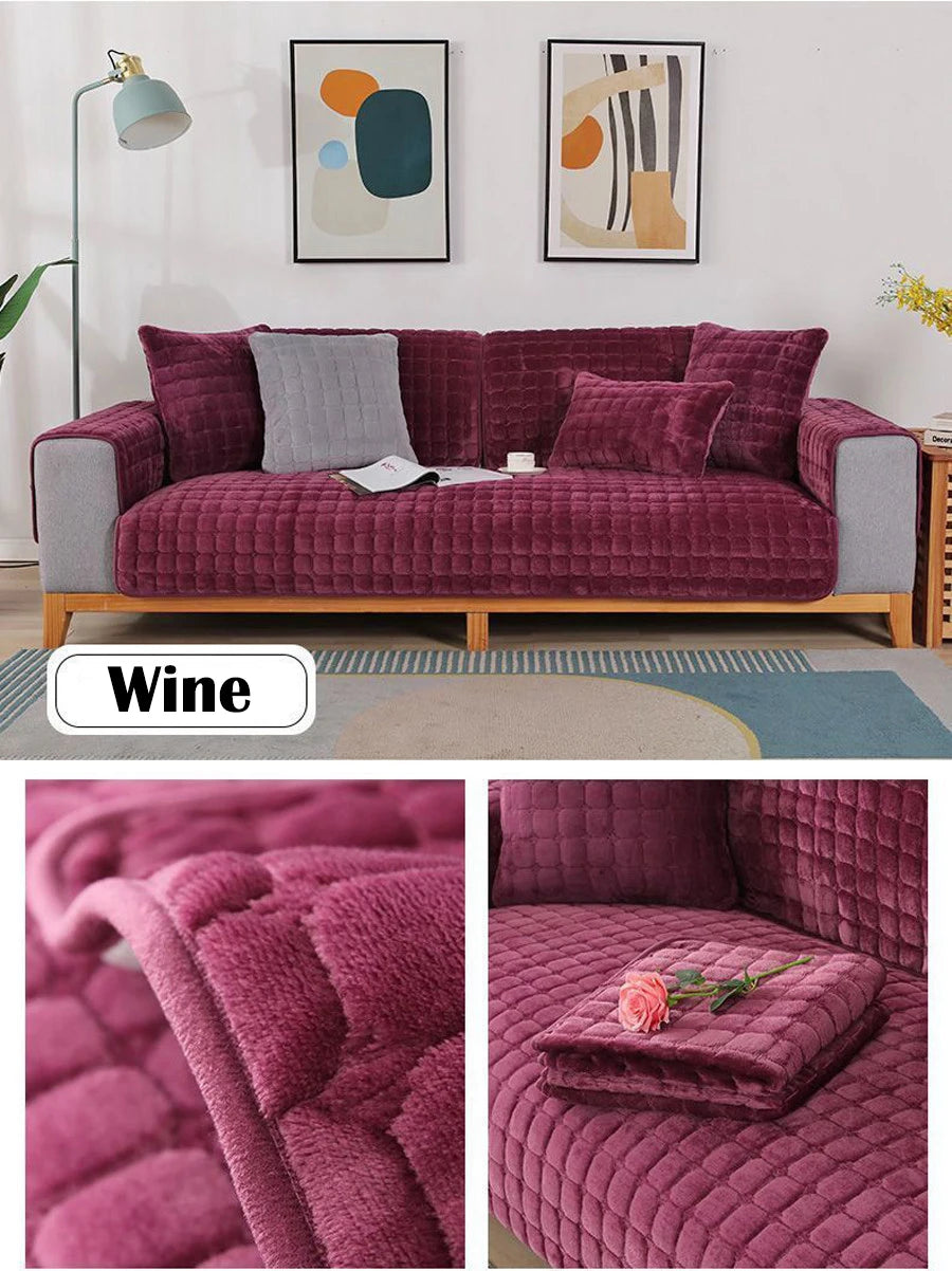 A deep magenta velvet sofa cushion cover in a quilted pattern with gray accents.