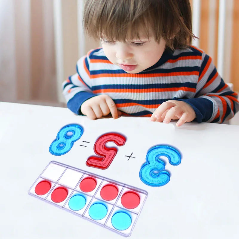 A child is looking at a math activity showing the equation 8 minus 5 plus 3, with corresponding colored counting tiles.
