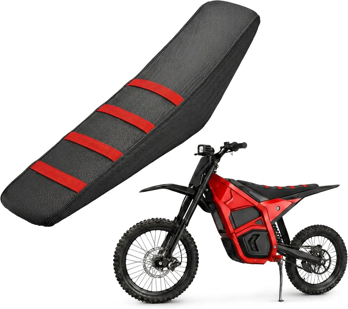 A red and black waterproof non-slip seat cover for a Yozma IN10 electric bike.