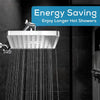 A modern chrome rainfall shower head is shown spraying water in a bathroom setting.