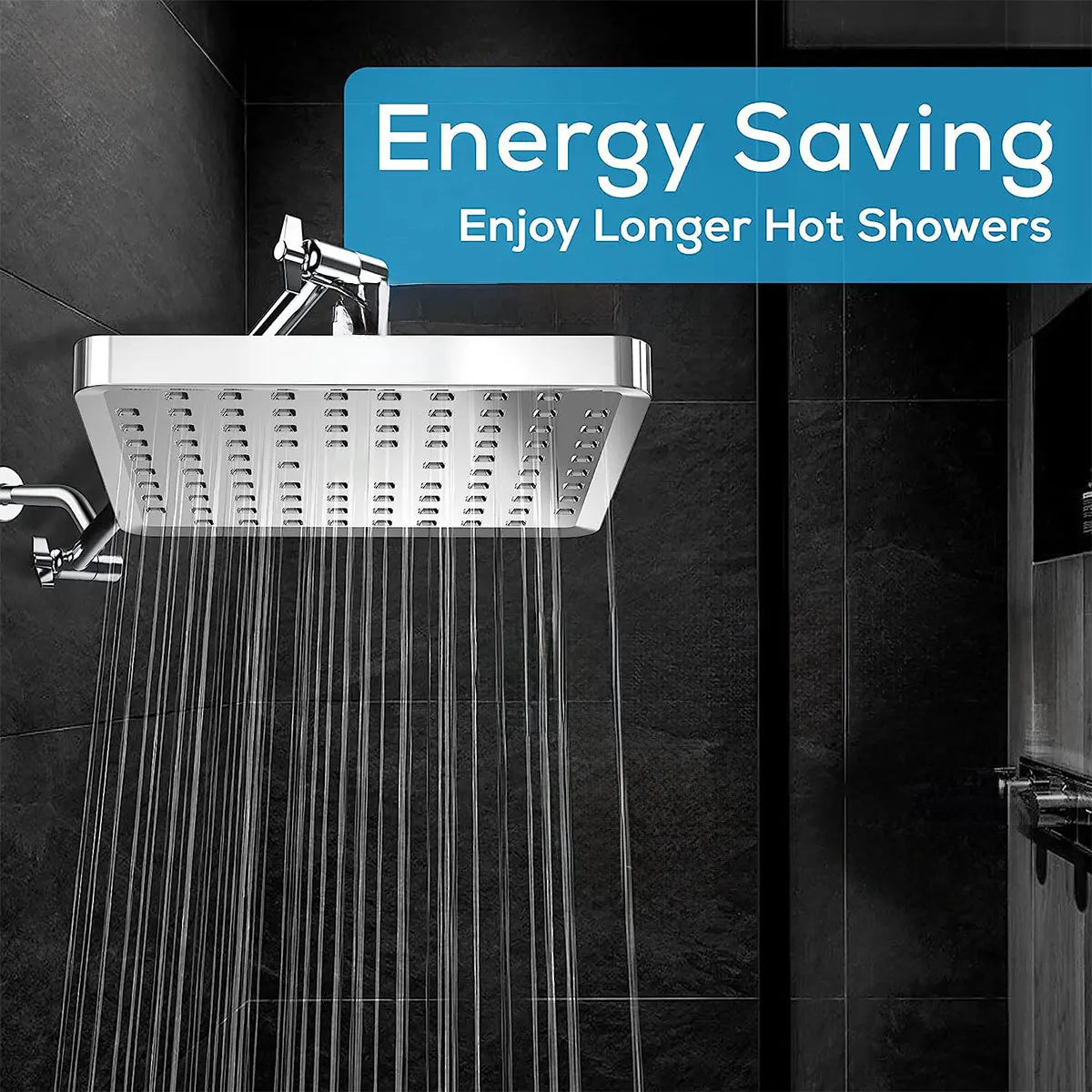 A modern chrome rainfall shower head is shown spraying water in a bathroom setting.