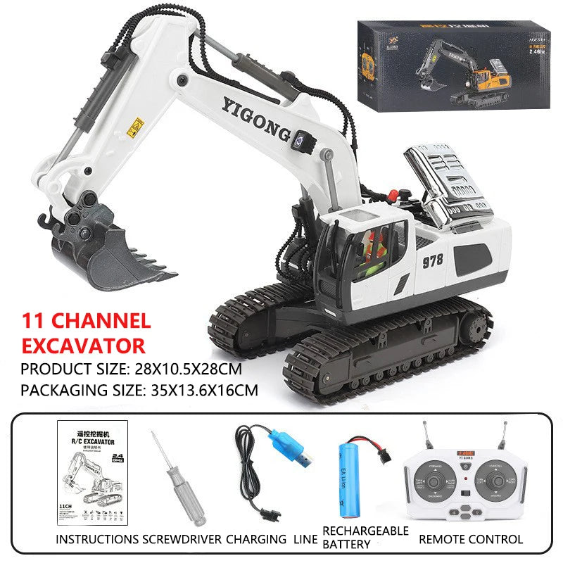 Excavadora juguete de control amarilla con sistema de orugas negro y accesorios para operación.