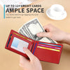 A person holds a red slim leather bifold wallet with RFID blocking open to show cash and cards.