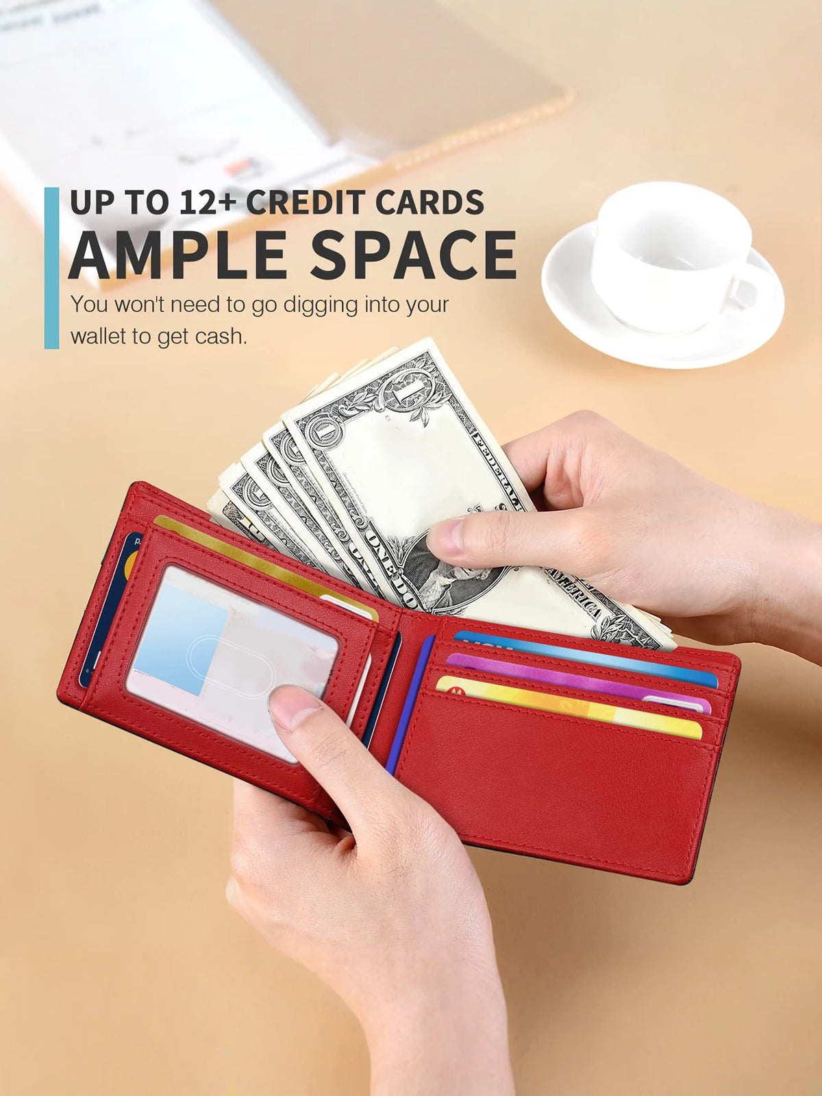 A person holds a red slim leather bifold wallet with RFID blocking open to show cash and cards.